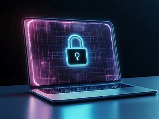 Wall Mural - Neon padlock on laptop screen, symbolizing cybersecurity and data protection