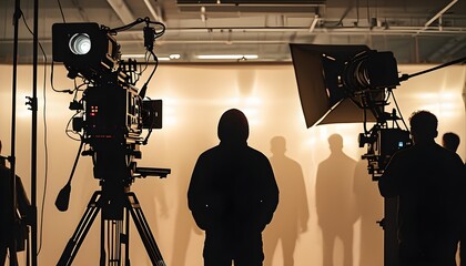 Behind-the-Scenes Glimpse of Filmmaking with Silhouette of Crew Member and Soft Studio Lighting