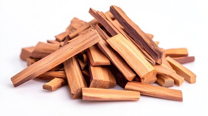 A pile of sandalwood sticks isolated on a white background.