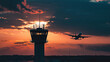 © Creativision - Silhouette of an airplane flying over the control tower at sunset
