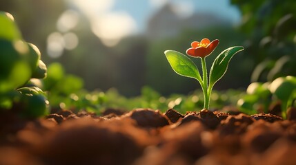 A single red flower blooms in the soft, brown soil, bathed in the warm glow of the morning sun. The background is blurred, suggesting a field of other plants and the promise of growth.