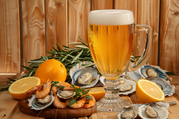 Cold beer with a seafood snack. Advertising of beer and seafood.