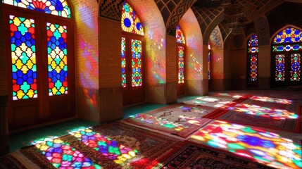 Colorful Light Through Stained Glass Windows in a Mosque