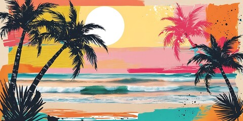 Artistic summer collage with palm trees and beach scenery in sunset hues, blending vintage charm with vibrant tropical colors and textures (1)