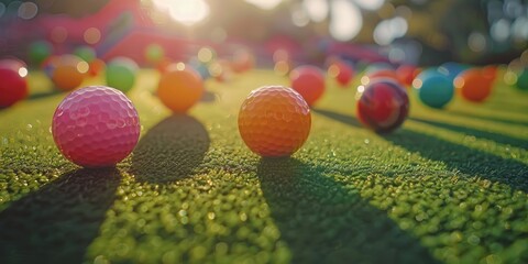 Canvas Print - Colorful golf balls on a putting green at ground level