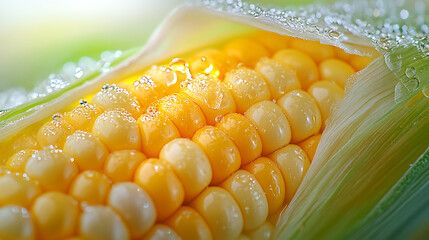 A close up of a corn cob with water droplets on it