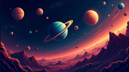 Wall Mural - a colorful space scene with many planets and a large blue