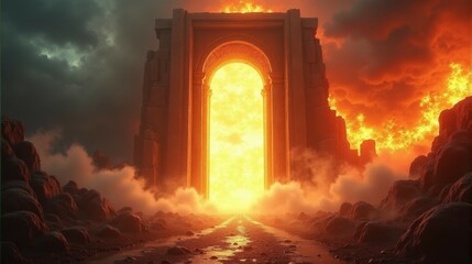 A fiery entrance to a cave with smoke and fire surrounding it