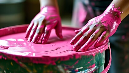 Vibrant hands immersed in glossy pink paint exploring texture in a spacious container