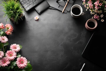 Wall Mural - Office Desk with Flowers and Coffee