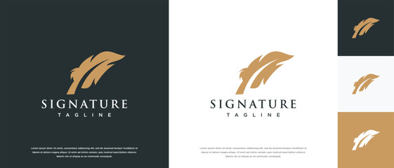 Vector feather signature logo design. Golden feather logo template.