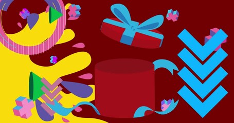 Poster - Gift box geometrical graphic retro holiday theme background video. Minimal geometric elements animation. Vintage abstract shapes illustration for advertising.