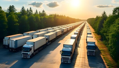 Wall Mural - Efficient logistics hub with trucks lined up outside a sunlit warehouse, showcasing organized operations and streamlined transportation.