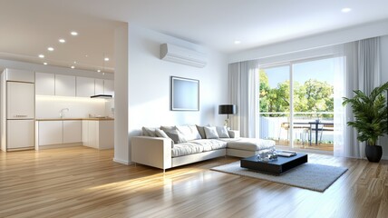 A large living room with a white couch, a coffee table, and a potted plant