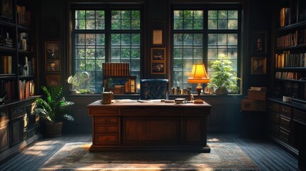 Wall Mural - Classic Study with Large Windows