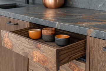 Poster - Open Kitchen Cabinet Drawer with Ceramic and Wooden Bowls