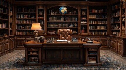 Wall Mural - Elegant Study Room With Classic Wood Desk and Bookshelves