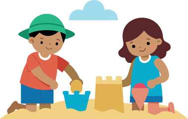 Two children are playing in the sand, one of them building a sandcastle. The scene is cheerful and playful, with the children enjoying their time outdoors