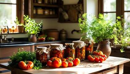 Sunlit kitchen table filled with preserved tomatoes, fresh produce, and vibrant herbs, radiating rustic charm and a sense of homemade warmth.