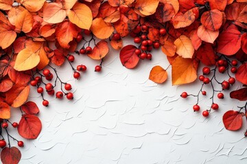 Poster - Autumn Leaves and Berries on White Background