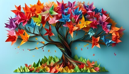 Vibrant paper tree representing imagination, creative diversity, and joyful expression in vivid colors