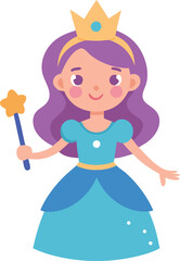 A cartoon princess is holding a wand and smiling. She is wearing a blue dress and a crown