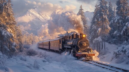 Poster - Steam Train Journey Through Snowy Mountain Landscape