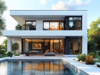 Wall Mural - Modern House with Pool and Lush Greenery