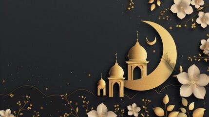 Sticker - Ramadan Mubarak Greeting Card with Golden Mosque and Crescent Moon