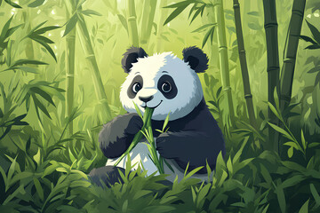 Wall Mural - A cheerful panda munching on bamboo in a lush green forest.