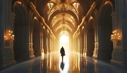 Ethereal journey through a majestic hallway adorned with arches, bathed in golden light, creating a serene and spiritual ambiance.