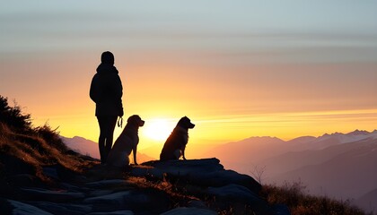 Wall Mural - Serene mountain sunset with silhouetted figures of a person and dog sharing a peaceful moment in nature