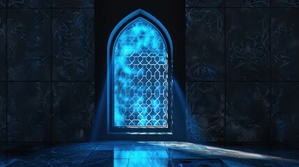 Wall Mural - Blue Light Shining Through an Ornate Window in a Dark Room