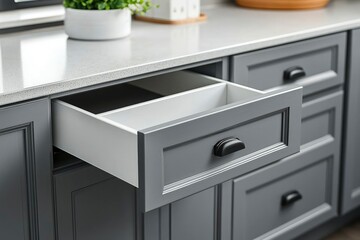 Poster - Open Drawer in a Grey Kitchen Cabinet