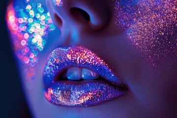 Wall Mural - Close-up of a woman's lips with sparkling glitter makeup.