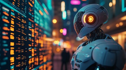 Wall Mural - Robot trader in front of a glowing stock chart predicting market outcomes, [market prediction], [AI forecasting financial movements]