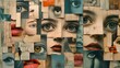 © 楠 刘 - Surrealist collage animation showcasing disassembled faces, with each facial feature independently suspended in a grid animation, floating and moving on a textured paper background