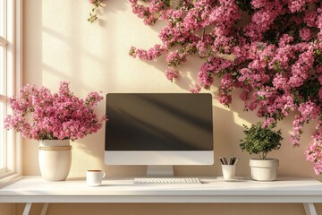 Poster - Home Office Decor with Flowers and Computer