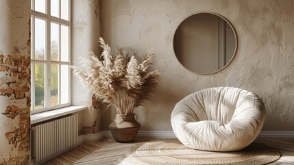 Wall Mural - A cozy living room corner with a large, round, plush chair, a vase of pampas grass, and a large circular mirror on a beige wall.