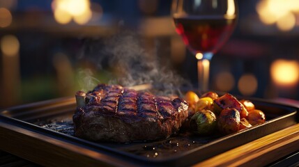 Wall Mural - Close-up of a Sizzling Steak with Roasted Vegetables on a Black Plate