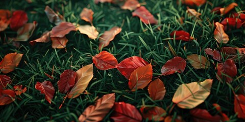 Poster - Vibrant Green Grass Covered with Scattered Autumn Leaves in Red and Orange Shades