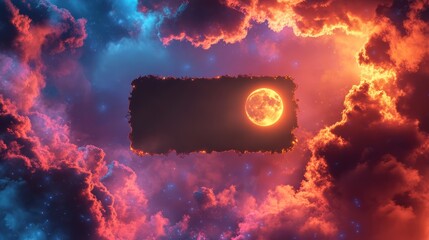 Surreal scene featuring a glowing full moon framed by vivid pink and blue clouds, creating a mystical and dreamlike celestial atmosphere.