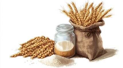 A jar of wheat and other grains is on a white background