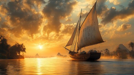 Wall Mural - Sailing at Sunset with Pyramids in the Background