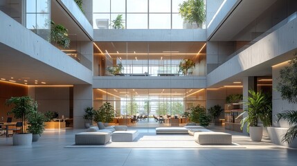 Sticker - Modern Office Building Lobby with Glass Walls and Greenery