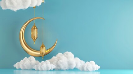 Wall Mural - Golden Crescent Moon with Lanterns and Clouds