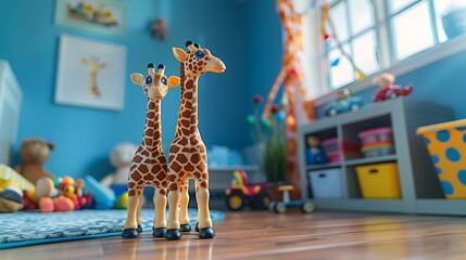 Two toy giraffes on childrens bedroom floor