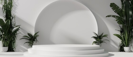 Wall Mural - White Circular Podium with Green Plants in a Minimalist Setting