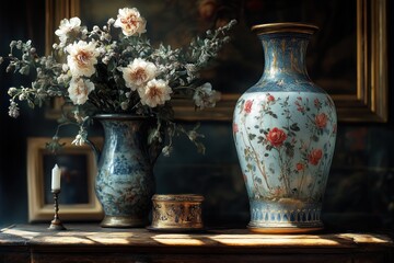 Poster - Vintage Porcelain Vases and Flowers