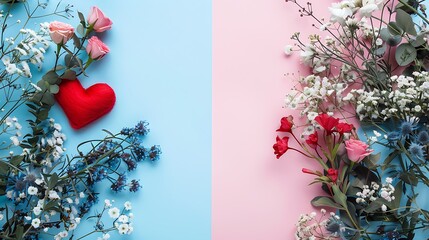 Wedding romantic concept with flowers and red heart on pink and blue background